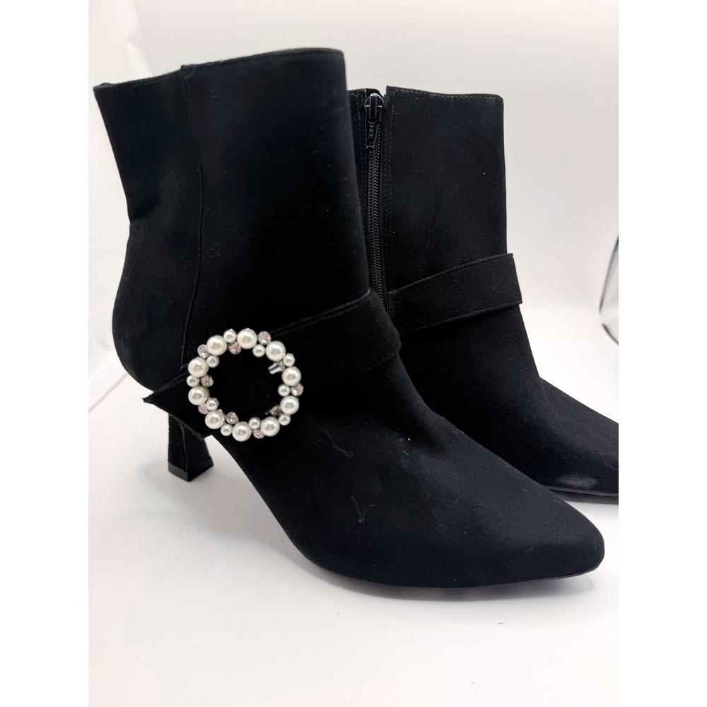 Alex Marie Marilyn Ankle Boots Women 7M Black Suede Pearl Buckle Pointed Toe